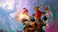 Key art of Hell clock's main character. A man wearing a hat and a scarf holds a pistol and a pocket watch with undead monsters lurking behind him.