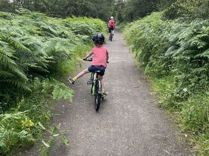 Family activities, riding along a forest track with the kids taking the lead