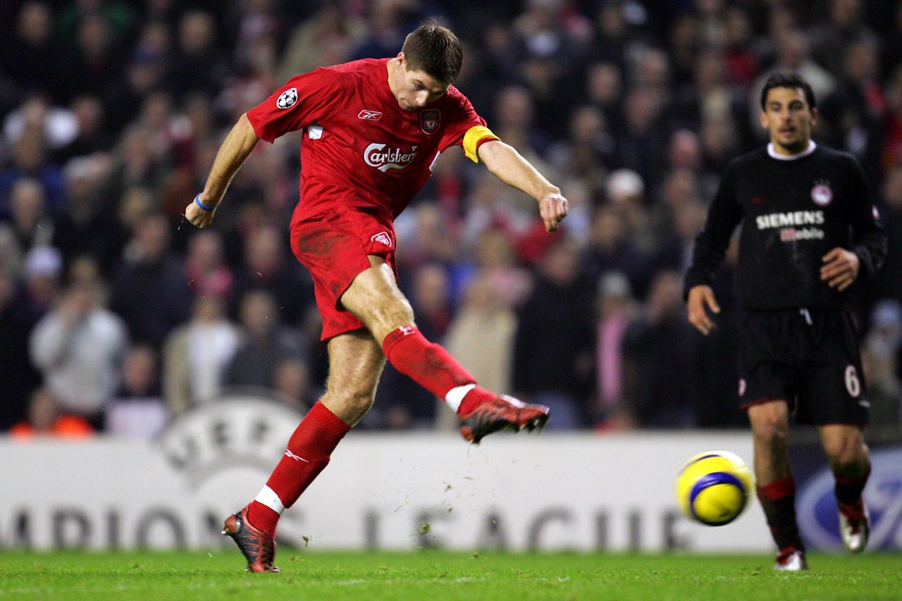 Steven Gerrard scores for Liverpool against Olympiacos at Anfield in the group stage of the Champions League, December 2004