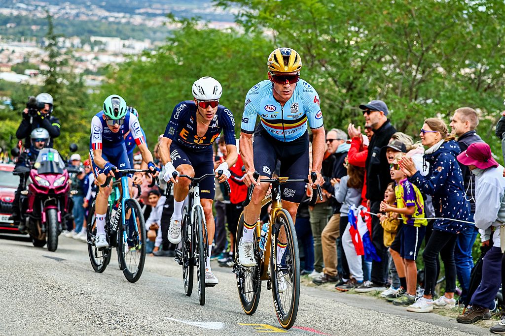 France Paul Seixas, Spain Juan Ayuso Pesquera and Belgium Remco Evenepoel pictured in action during the Men Elite raod race, a 202,5 km from Privas to Guilherand-Granges, at the UEC road European cycling championships, Sunday 05 October 2025, France. The European cycling championships Drome-Ardeche takes place from 1 to 5 October, France. BELGA PHOTO DAVID PINTENS (Photo by DAVID PINTENS / BELGA MAG / Belga via AFP)