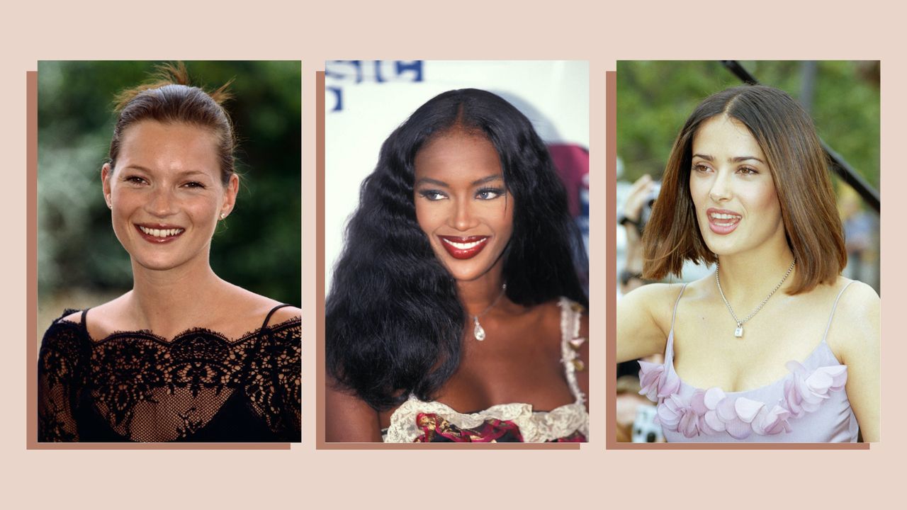 Collage of Kate Moss, Naomi Campbell and Salma Hayek in the 90s