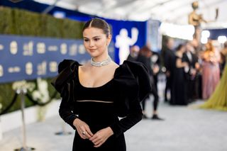 Selena Gomez arrives at the 28th Screen Actors Guild Awards at Barker Hangar on February 27, 2022 in Santa Monica, California