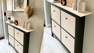 IKEA shoe cabinet hack painted black in a beige hallway