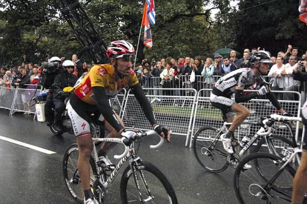 Race leader Fabian Cancellara crossed the finish line after being involved in the massive pileup at the end of the stage.