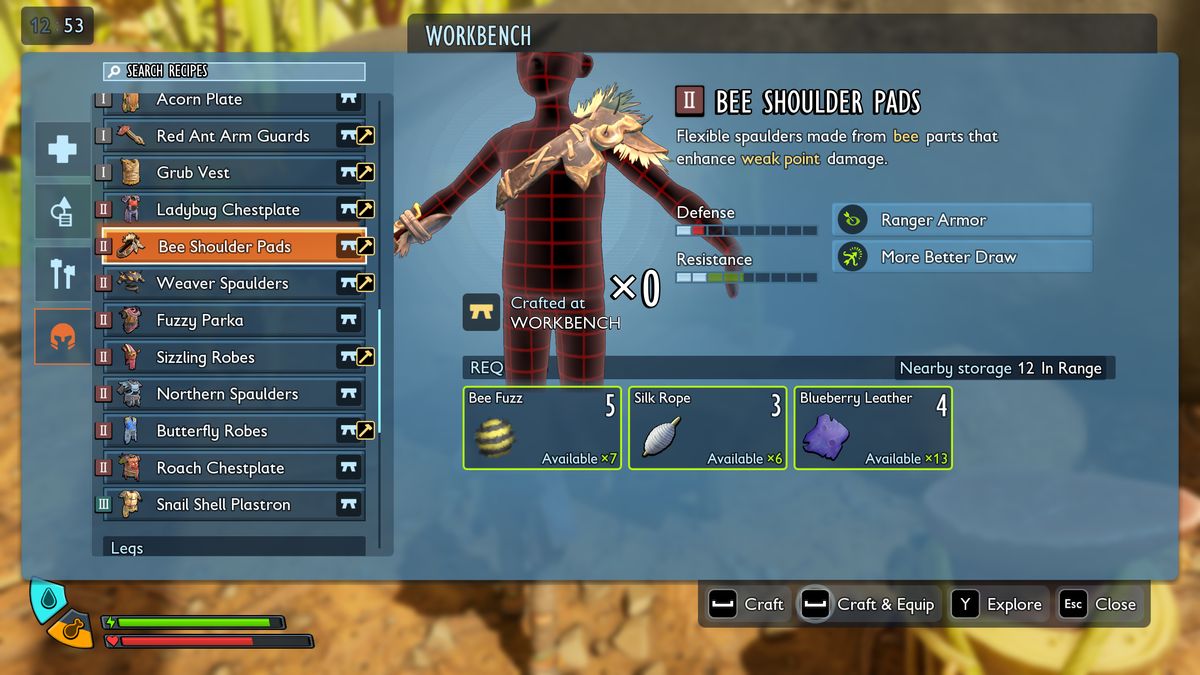 Grounded 2 best armour: The Bee Shoulder Pads recipe shown in the workbench interface.