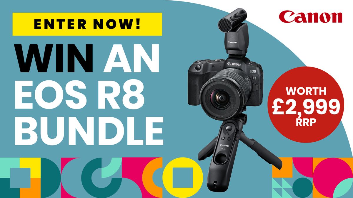 Win a Canon EOS R8 Bundle graphic showing camera on a mini-tripod