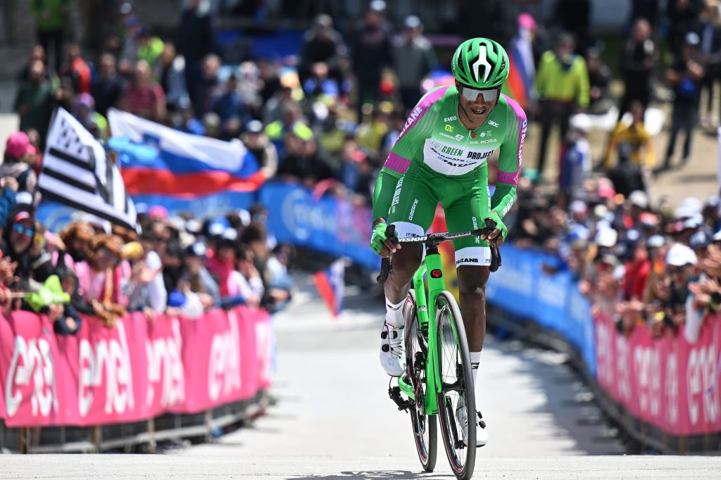 Henok Mulubrhan (Green Project-Bardiani CSF-Faizanè) competing on stage 20 of the 2023 Giro d&#039;Italia on Monte Lussari 