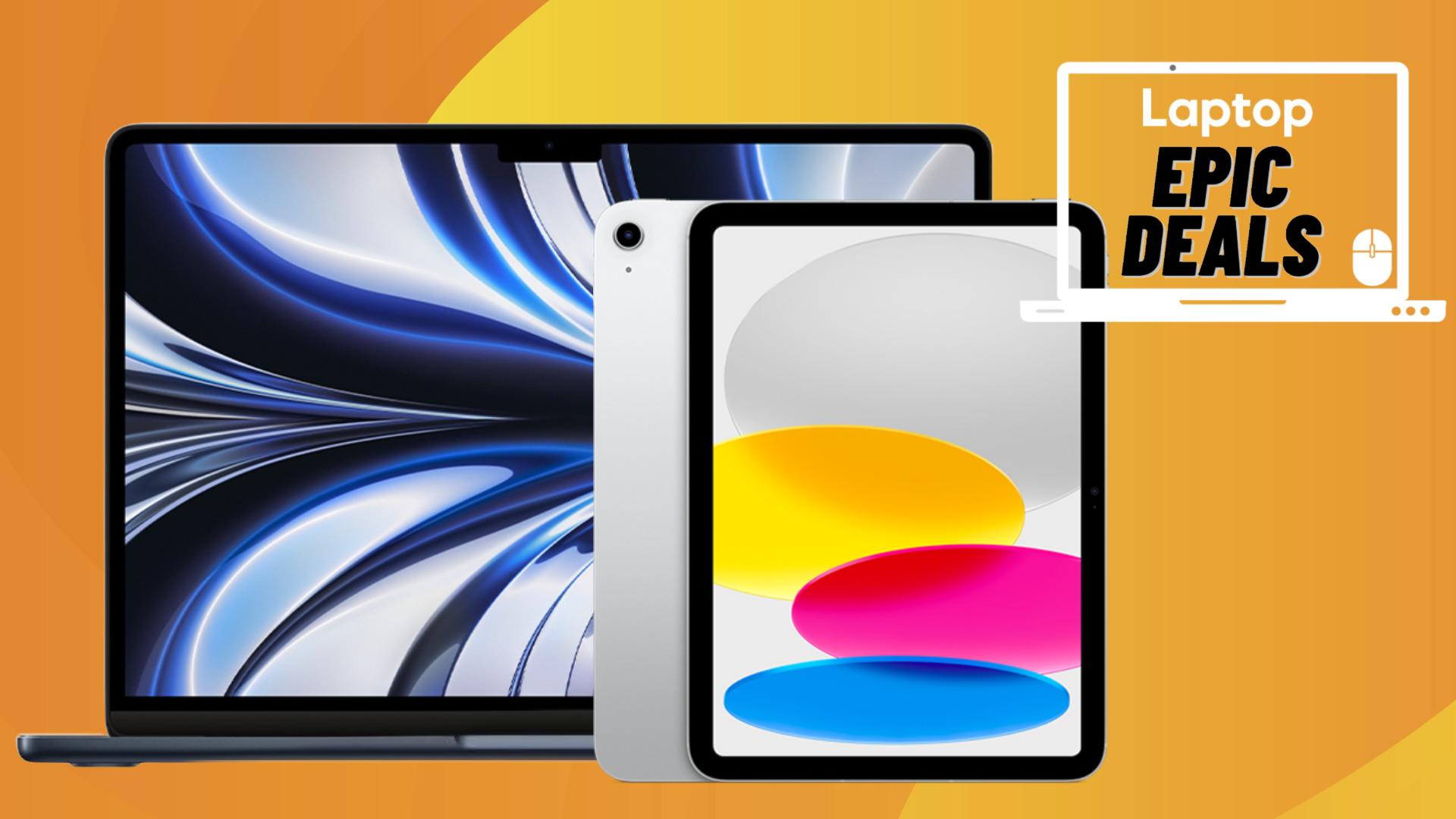 A MacBook Air M3 and iPad 10 beside a Laptop Mag deals icon in front of a yellow background