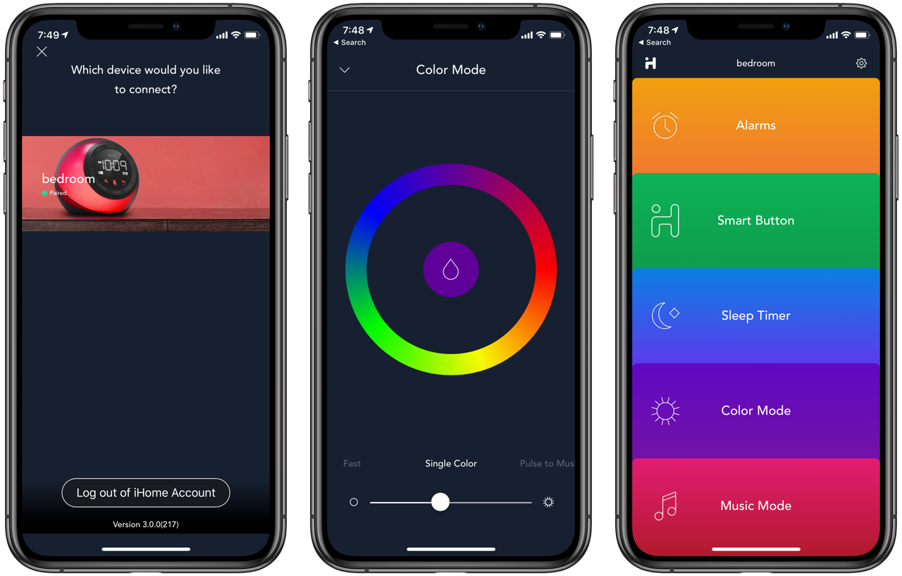 iHome Enhance app screenshots connected device, 1-color lamp picker, main colored tabs