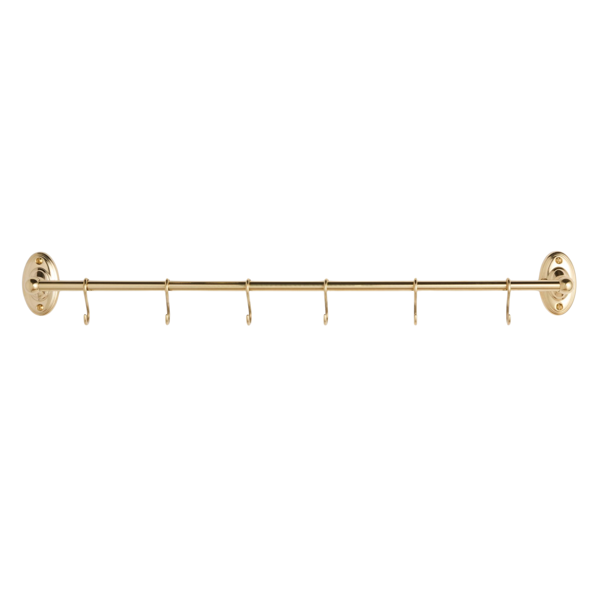 a brass pot rack with hooks to hold pots