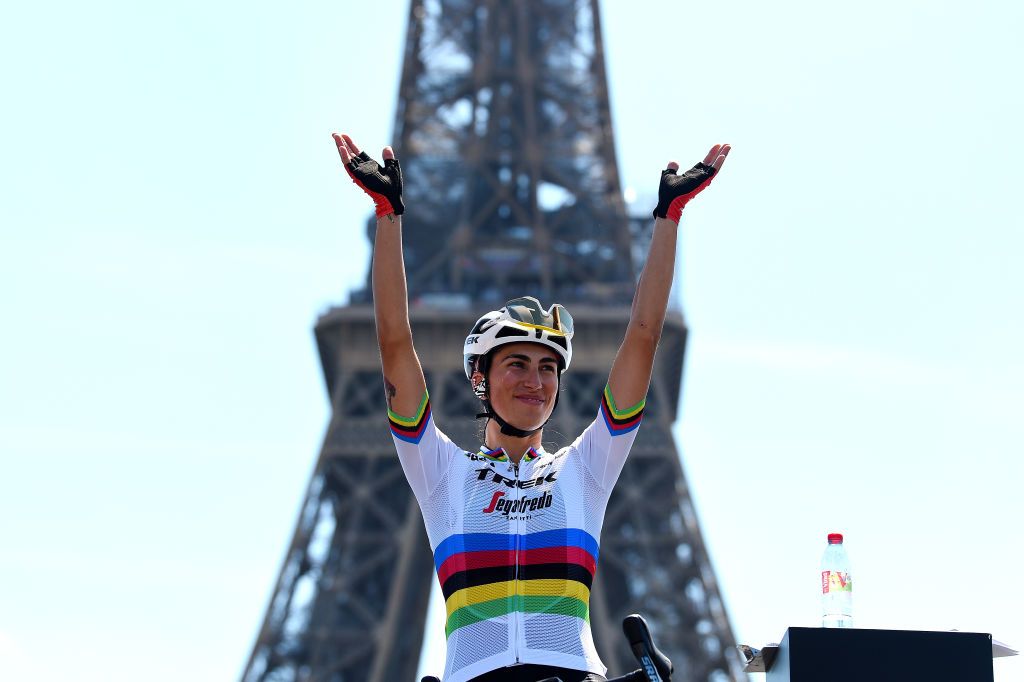 PARIS FRANCE JULY 24 Elisa Balsamo of Italy and Team Trek Segafredo during the team presentation prior to the 1st Tour de France Femmes 2022 Stage 1 a 817km stage from Paris Tour Eiffel to Paris Champslyses TDFF UCIWWT on July 24 2022 in Paris France Photo by Dario BelingheriGetty Images