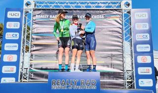 U23 women's podium at 2022 Pan-Am Cyclocross Championships (L to R): silver medalist Lauren Zoerner, winner Lizzy Gunsalus and bronze medalist Cassidy Hickey