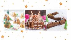 Compilation of Christmas cake tins with nordic houses, a gingerbread house and a train
