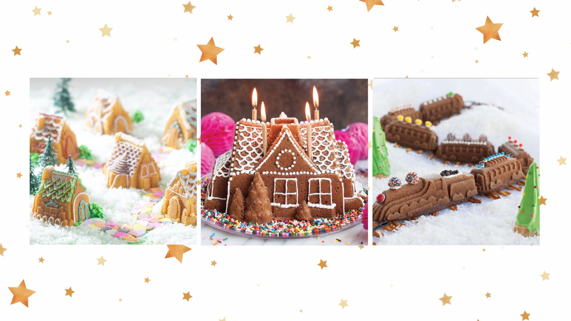 Compilation of Christmas cake tins with nordic houses, a gingerbread house and a train