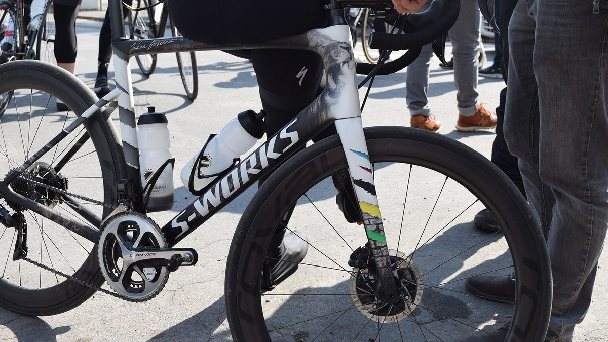 Cobbles and torn graphics in world championship rainbow colours celebrate the Belgian's biggest victories