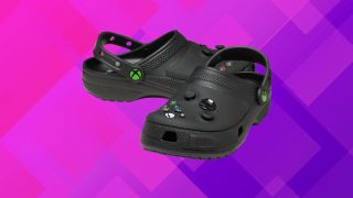 Xbox Crocs on a purple background