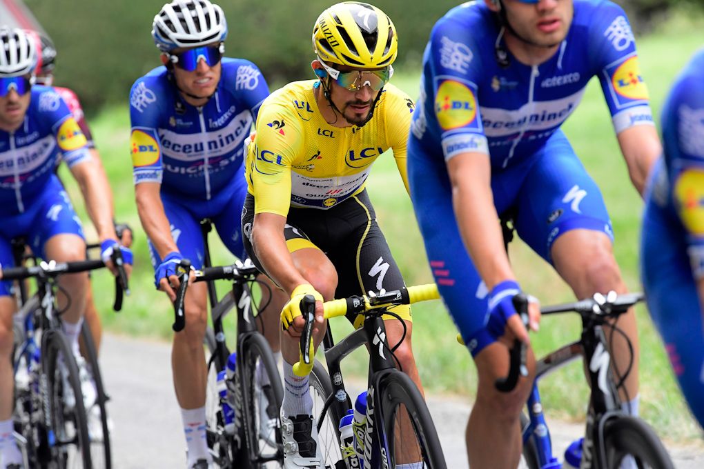Julian Alaphilippe in yellow during stage 12 at the Tour de France