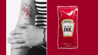 A shot of a grey and white photo showing a tattoo of some tomatoes next to a Heinz ketchup packet with the words red tattoo ink