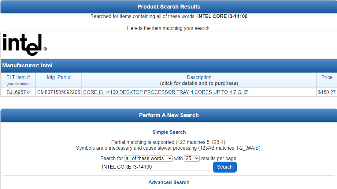 The listing of the Intel Core i3-14100 on ShopBLT's Search tool.