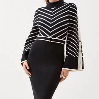 Striped Viscose Blend Knit Belted Midi Dress