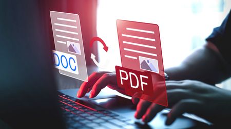 A person on a laptop converting a PDF to a DOC