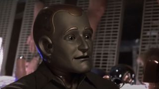 Robin Williams as Andrew, raising his mechanical eyebrows, in Bicentennial Man