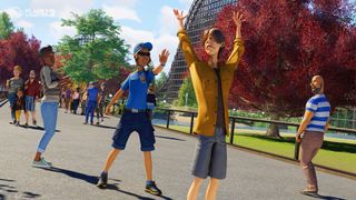 A security guard stops a troublesome park guest in Planet Coaster 2