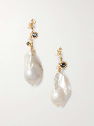 Baroque Floret Gold-Plated, Pearl and Sapphire Earrings