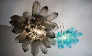 Zimmerman has also blown a number of crystals in the forms of large extruding chandeliers