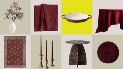 A four by two images of product boxes where each box has a different oxblood red home decor item featured in it