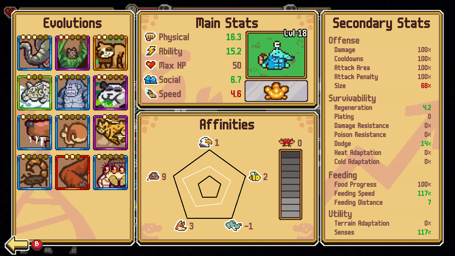 The stats screen in Everything is Crab, showing a character's evolutions.