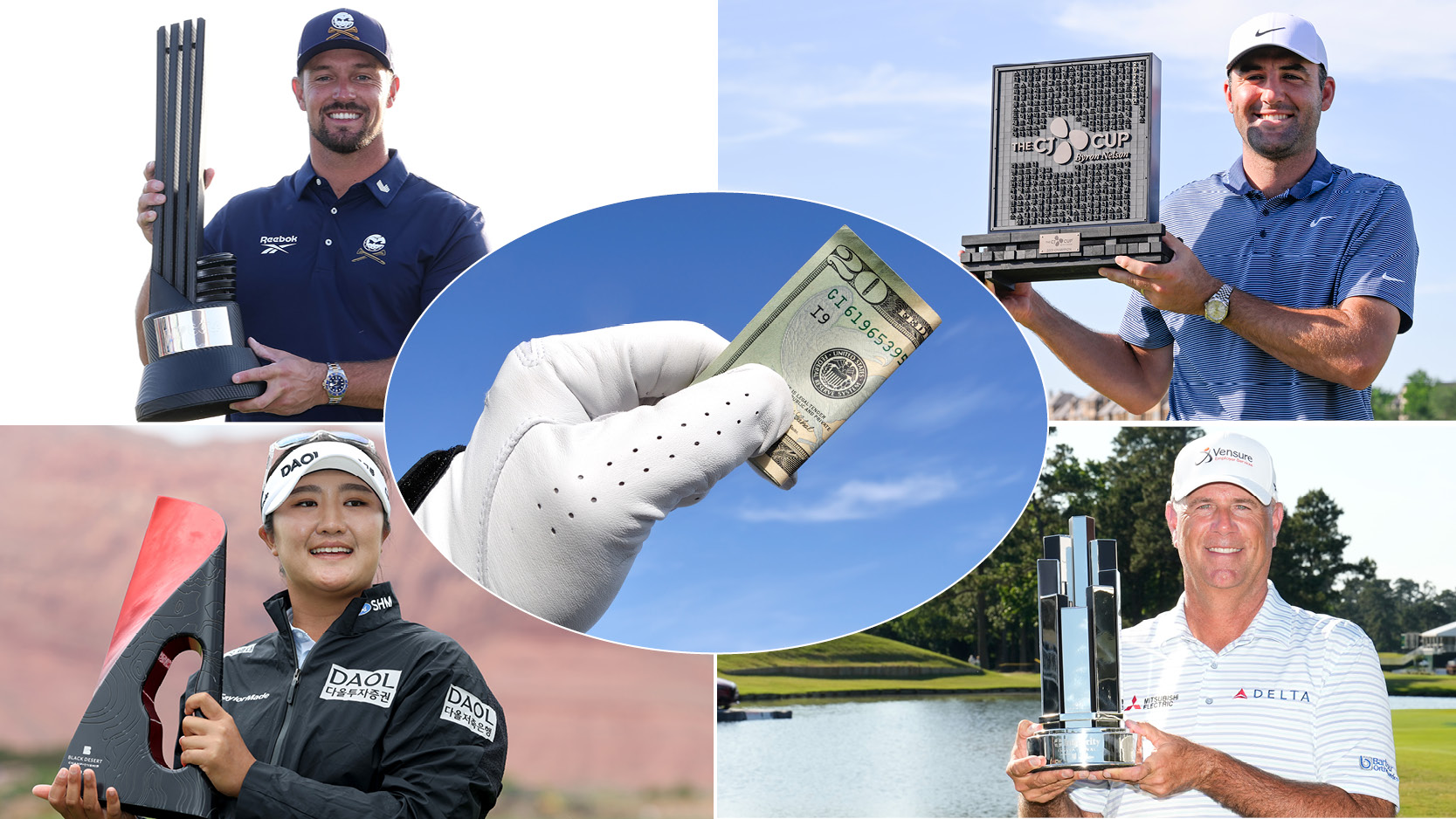 A dollar bill in a circle with four golfers posing with trophies