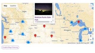 A map showing Medicine Rocks State Park on a Google Map of part of the USA.