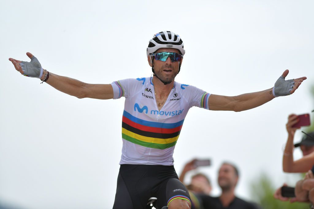 Alejandro Valverde sits up and celebrates