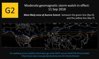 A moderate geomagnetic storm brought the northern lights within sight of skywatchers as far south as Minnesota and Wisconsin in the early morning hours of Sept. 11, 2018.