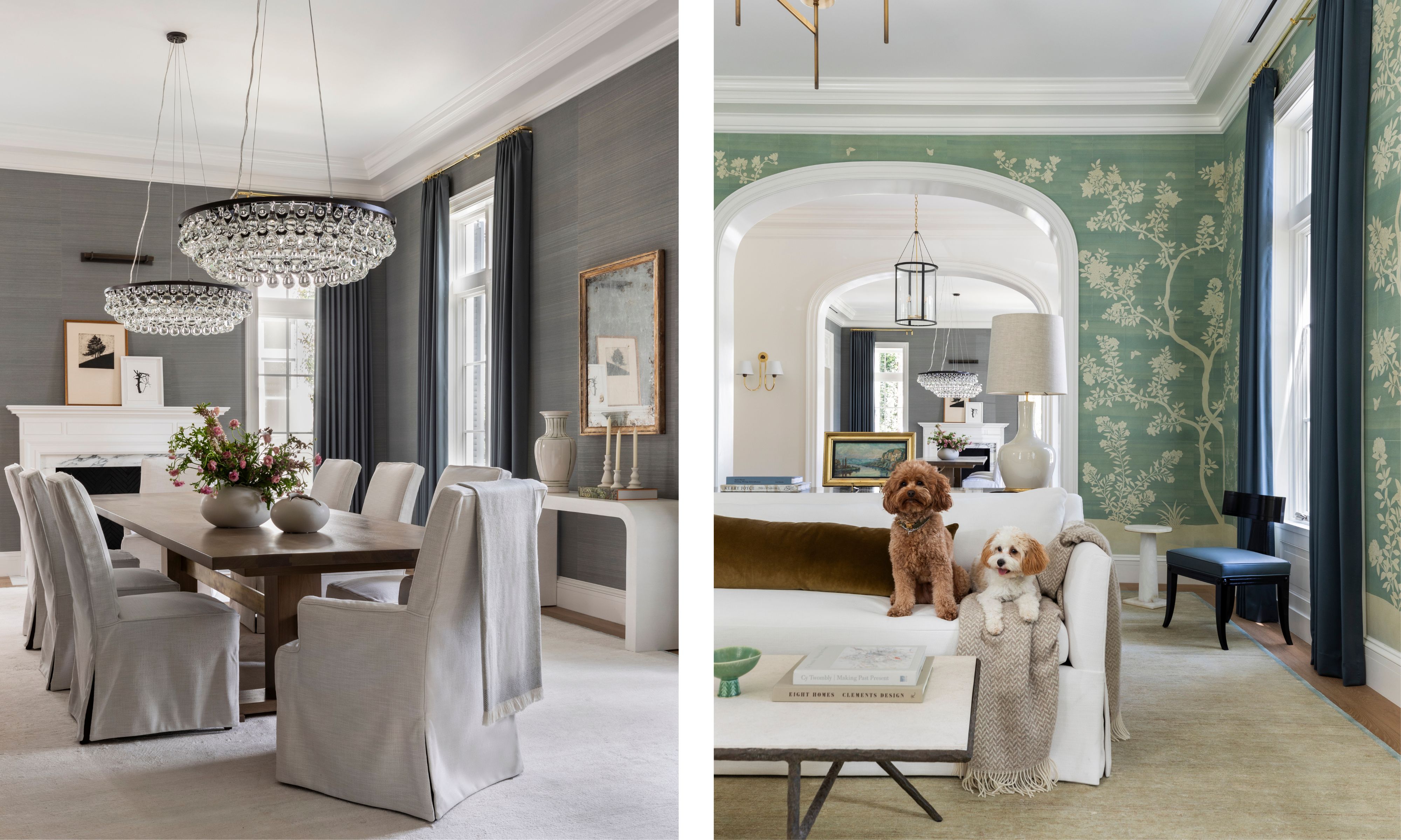 two side by side images of a dining room on the left and the sitting room on the right with mural wallpaper and dogs sat on a white sofa