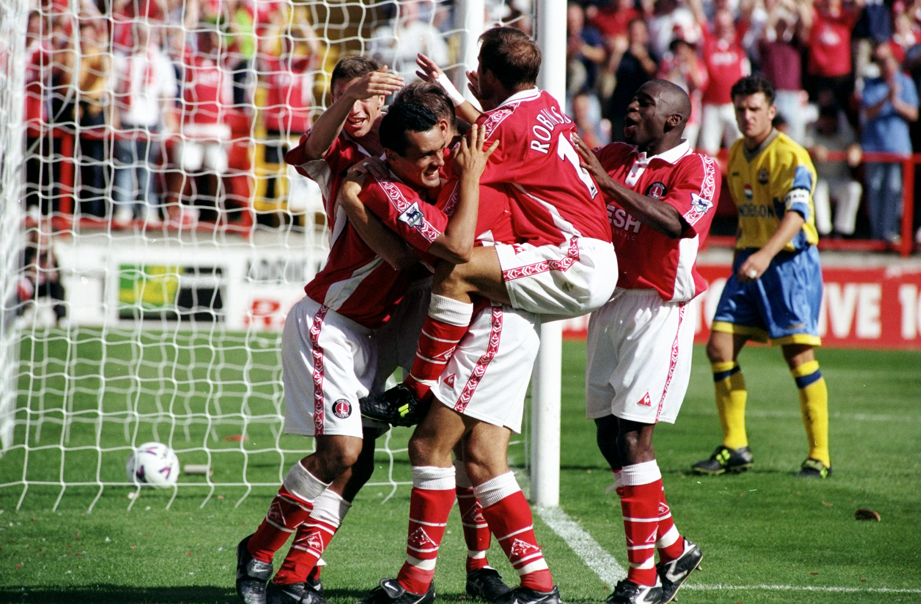 Charlton Athletic players celebrate a goal against Southampton in the Premier League in August 1998.