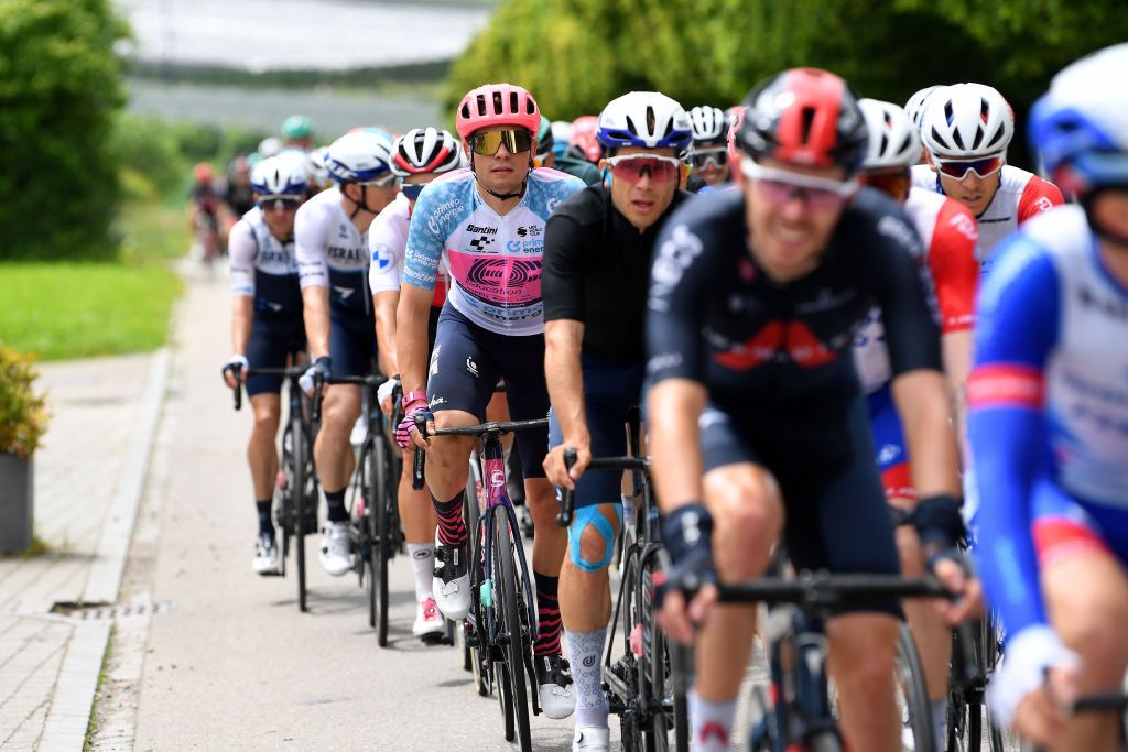 LACHEN SWITZERLAND JUNE 07 Stefan Bissegger of Switzerland and Team EF Education Nippo white best young jersey during the 84th Tour de Suisse 2021 Stage 2 a 178km stage from Neuhausen am Rheinfall to Lachen UCIworldtour tds tourdesuisse on June 07 2021 in Lachen Switzerland Photo by Tim de WaeleGetty Images