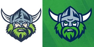 Old and new Canberra Raiders logo designs beside each other