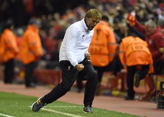 Liverpool manager Jurgen Klopp celebrates during a 4-3 win over former club Borussia Dortmund at Anfield in the Europa League in April 2016.