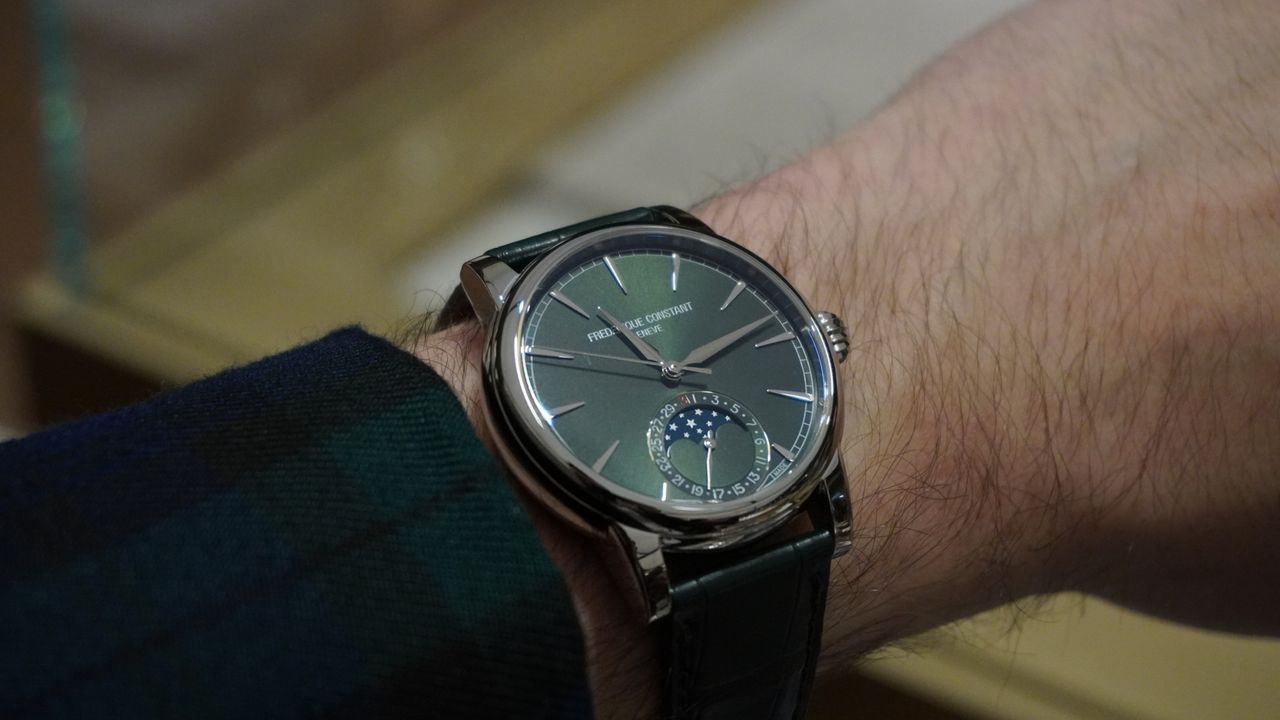 The Frederique Constant Classic Moonphase Date Manufacture in green, worn by T3&#039;s Sam Cross at Watches and Wonders 2024