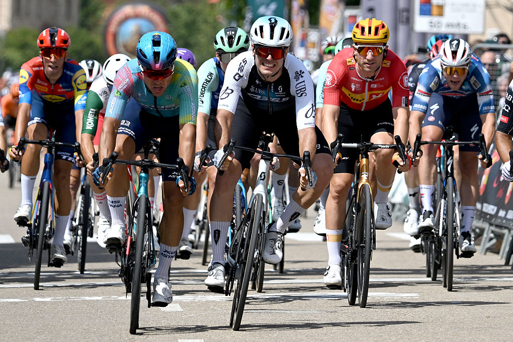BUNIEL, SPAIN - AUGUST 06: (L-R) Matteo Malucelli of Italy and Team XDS Astana Team, stage winner Matteo Moschetti of Italy and Team Q36.5 Pro Cycling Team and Erlend Blikra of Norway and Team Uno-X Mobility sprint at finish line during the 47th Vuelta a Burgos 2025, Stage 2 a 161.6km stage from Cilleruelo de Abajo to Buniel on August 06, 2025 in Buniel , Spain. (Photo by Antonio Baixauli/Getty Images)