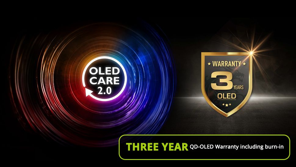 An MSI marketing image showing three-year warranty for its MSI MAG 272QP QD-OLED X50 monitor
