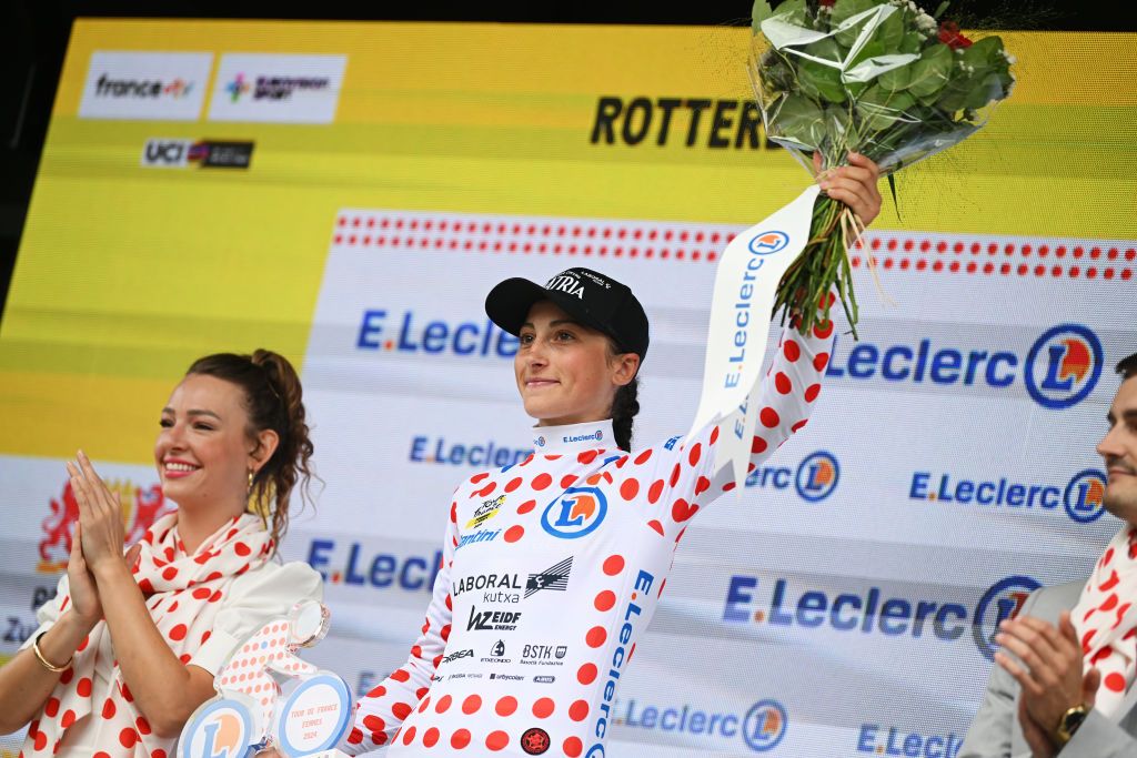 DORDRECHT NETHERLANDS AUGUST 13 Cristina Tonetti of Italy and Team Laboral Kutxa Fundacion Euskadi celebrates at podium as Polka dot Mountain Jersey winner during the 3rd Tour de France Femmes 2024 Stage 2 a 679km stage from Dordrecht to Rotterdam UCIWWT on August 13 2024 in Dordrecht Netherlands Photo by Dario BelingheriGetty Images