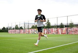Stefan Bajcetic of Liverpool during the first day back for pre-season at AXA Training Centre on July 08, 2023 in Kirkby, England.