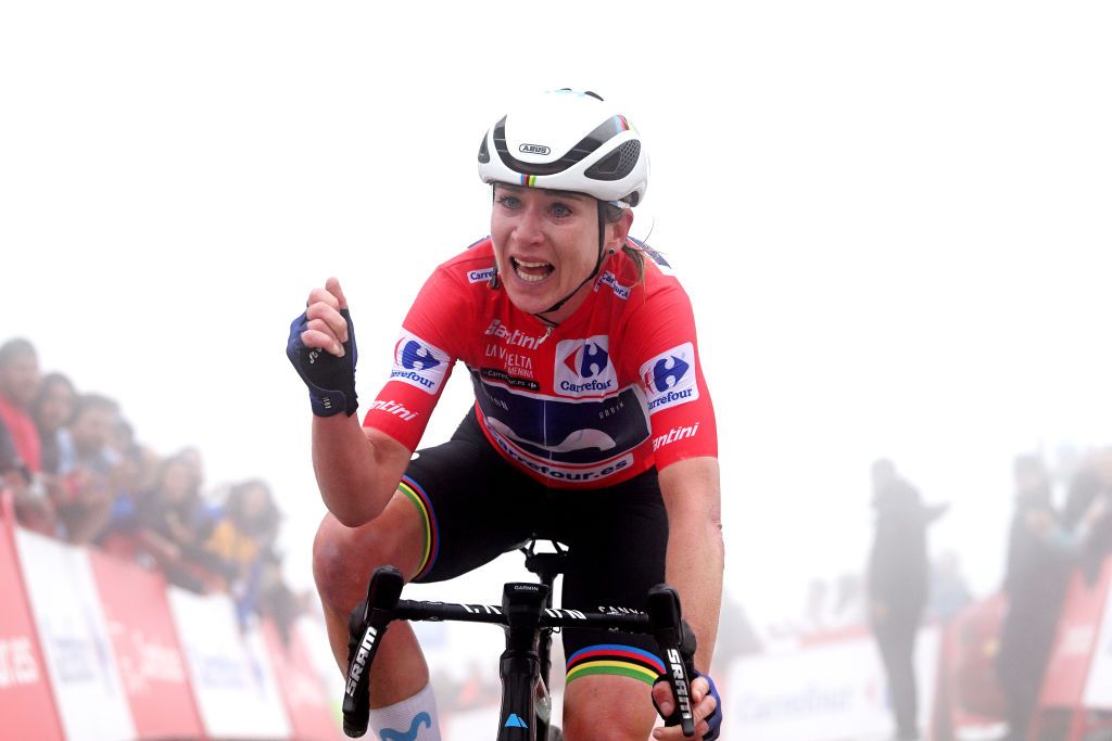 LAGOS DE COVADONGA SPAIN MAY 07 Annemiek Van Vleuten of The Netherlands and Movistar Team Red Leader Jersey celebrates at finish line as race winner during the 9th La Vuelta Femenina 2023 Stage 7 a 937km stage from Pola de Siero to Lagos de Covadonga 1079m UCIWWT on May 07 2023 in Lagos de Covadonga Spain Photo by Dario BelingheriGetty Images
