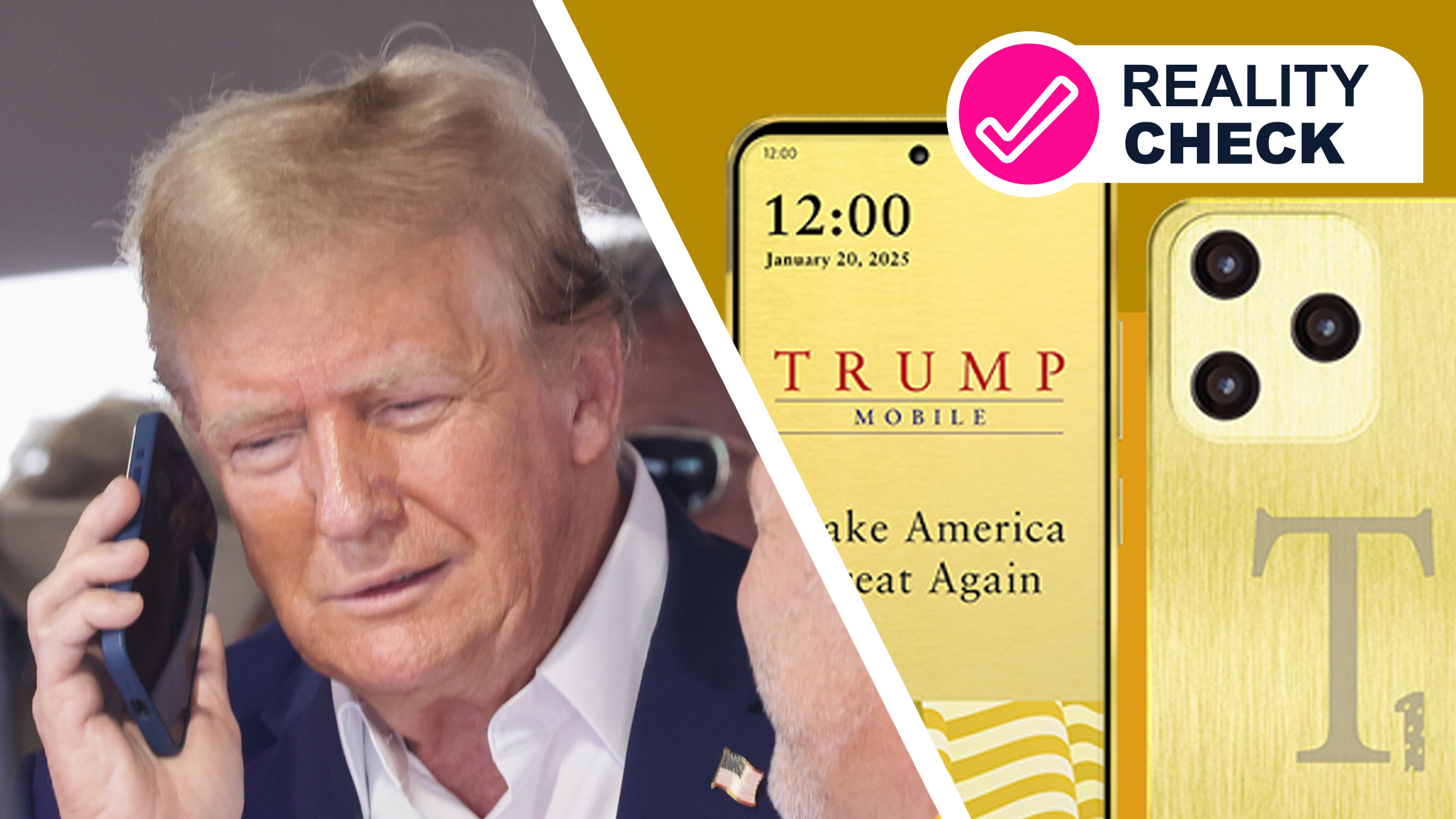Donald Trump holding a phone next to an image of the Trump Mobile T1 on a gold background
