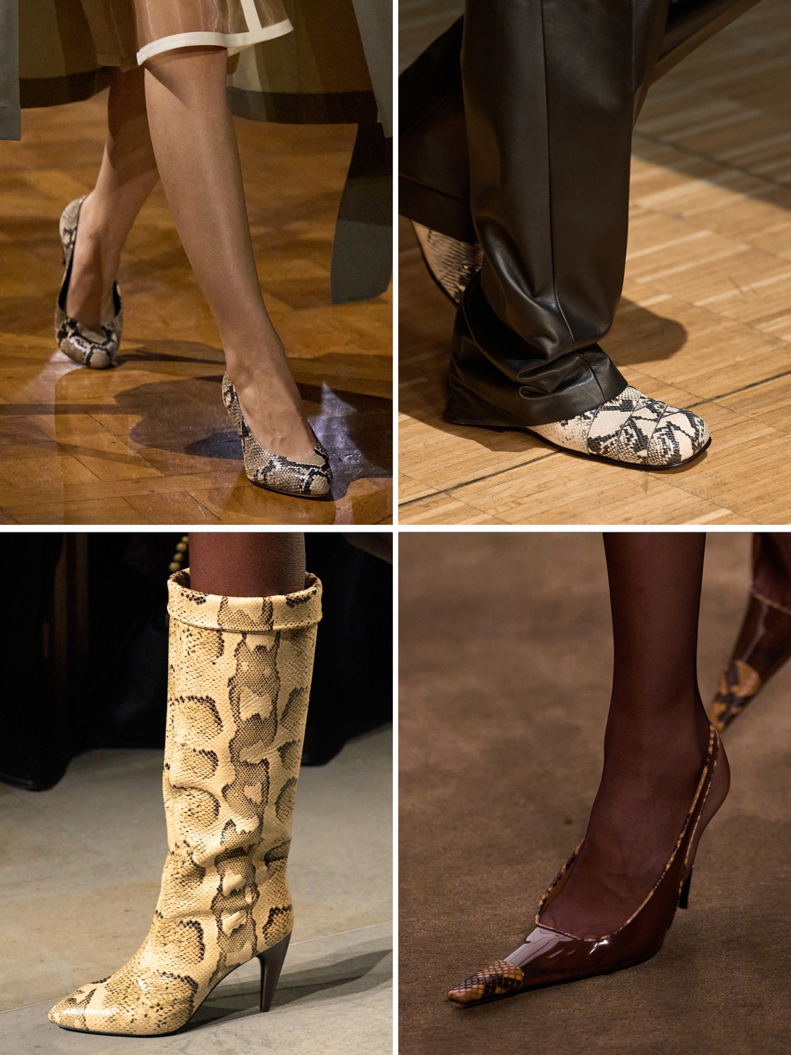 A selection of snake print shoes and boots as seen on the autumn/winter 2026 runways