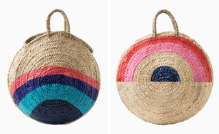 Two images, Left- circled wicker bags with blue and pink lines painted, Right- circled wicker bags with blue, pink and red lines painted