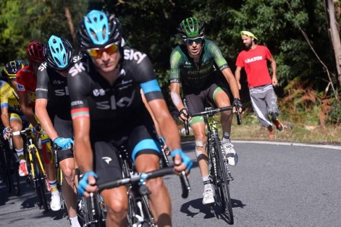 Kanstantsin Siutsou setting the pace as Chris Froome (Team Sky) checks his stem